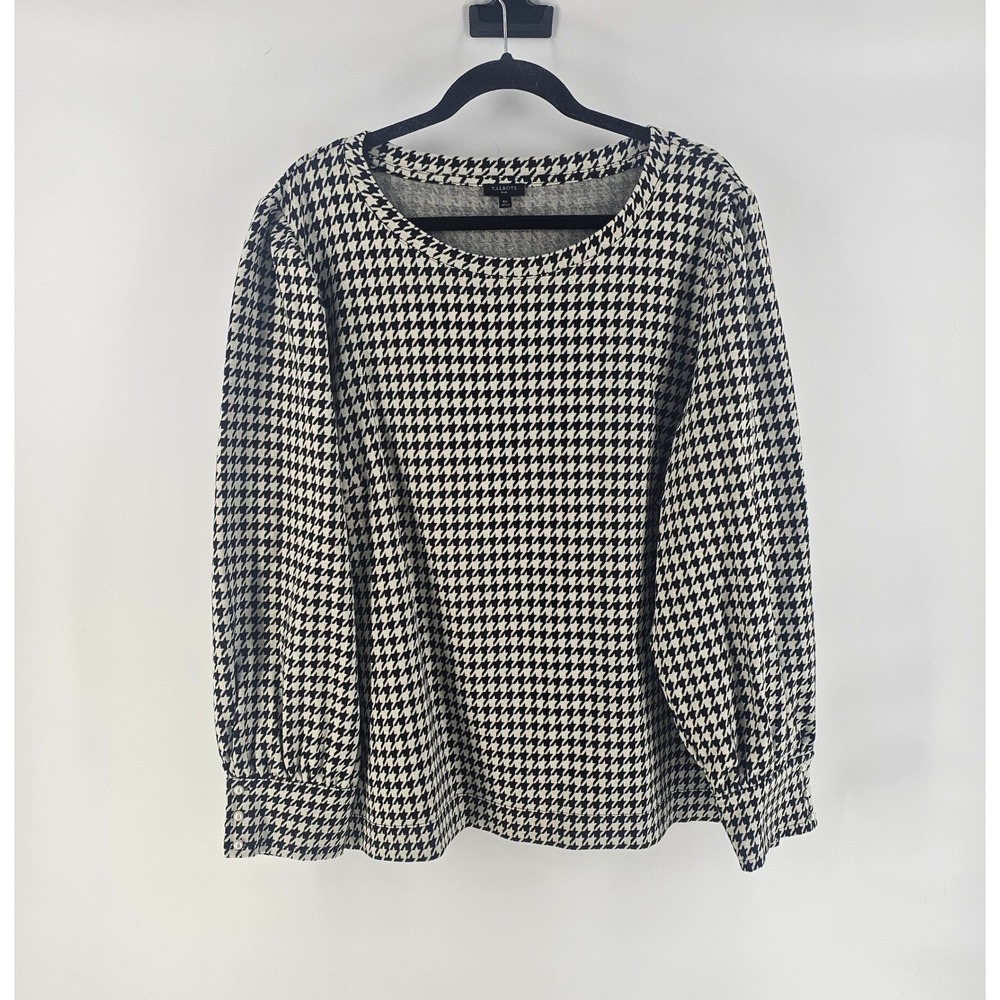 Talbots Black White Houndstooth Top 3X Pearl Cuff Puff Sleeve Knit Blouse Career